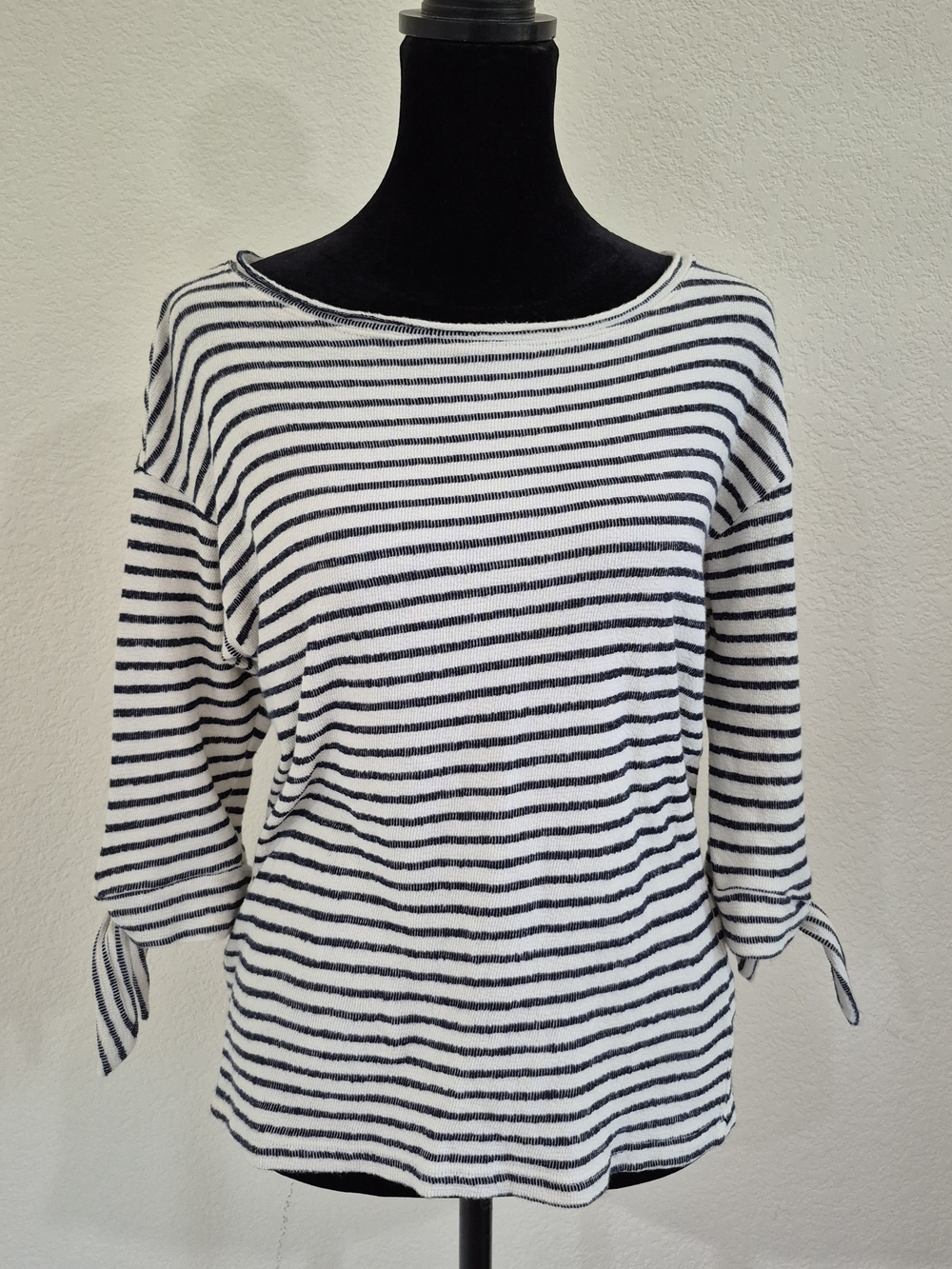 Vintage Striped Black and White Boatneck Tie-Sleeve Top
